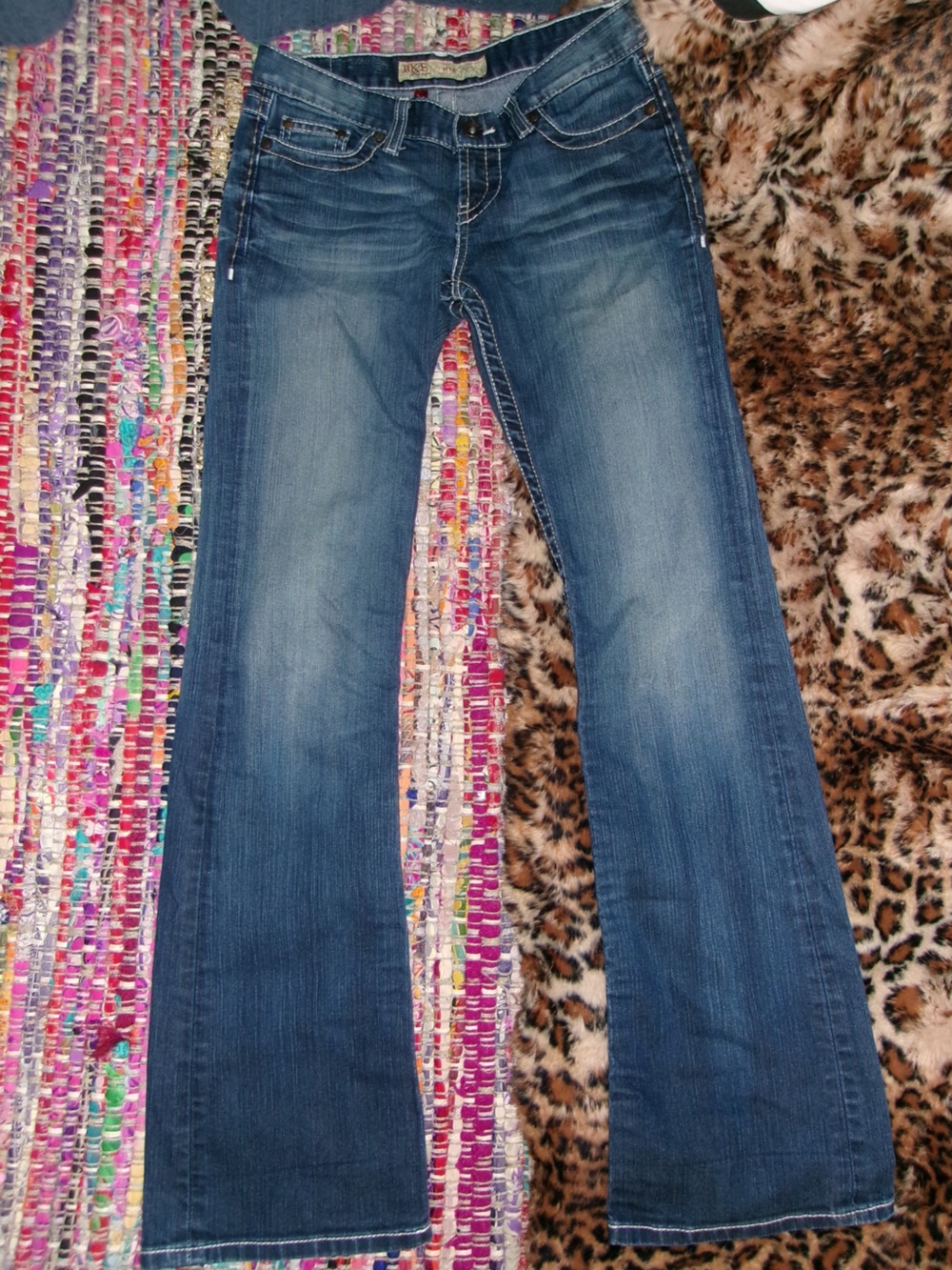 2000s bootcut BKE low rise dark wash faded jeans with back pocket stitching